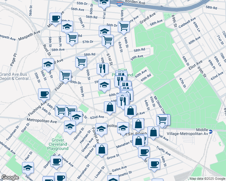map of restaurants, bars, coffee shops, grocery stores, and more near 60-64 60th Road in Queens