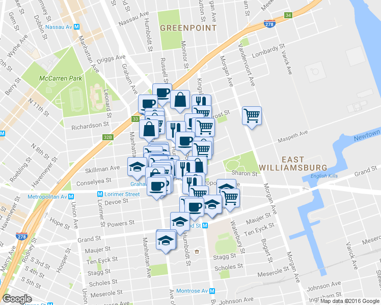 map of restaurants, bars, coffee shops, grocery stores, and more near 240A Skillman Avenue in Brooklyn