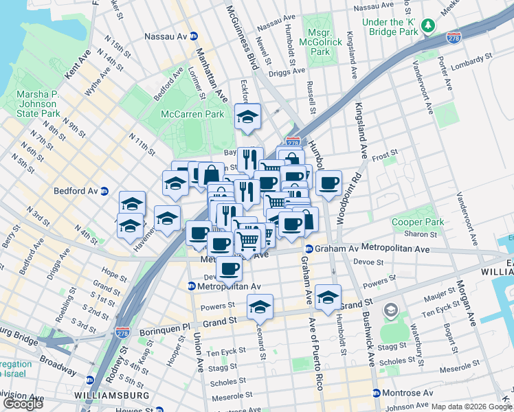map of restaurants, bars, coffee shops, grocery stores, and more near 111 Skillman Avenue in Brooklyn