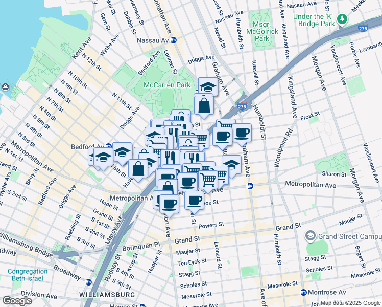 map of restaurants, bars, coffee shops, grocery stores, and more near in Brooklyn