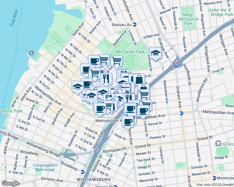 map of restaurants, bars, coffee shops, grocery stores, and more near 21-1 Havemeyer Street in Brooklyn