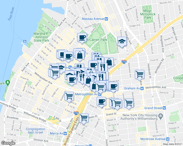 map of restaurants, bars, coffee shops, grocery stores, and more near 260 North 9th Street in Brooklyn