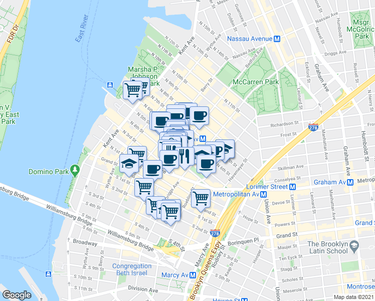 map of restaurants, bars, coffee shops, grocery stores, and more near in Brooklyn