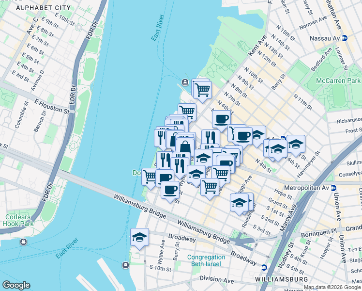 map of restaurants, bars, coffee shops, grocery stores, and more near 59 Grand Street in Brooklyn