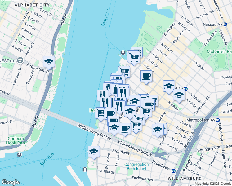 map of restaurants, bars, coffee shops, grocery stores, and more near 6 Grand Street in Brooklyn