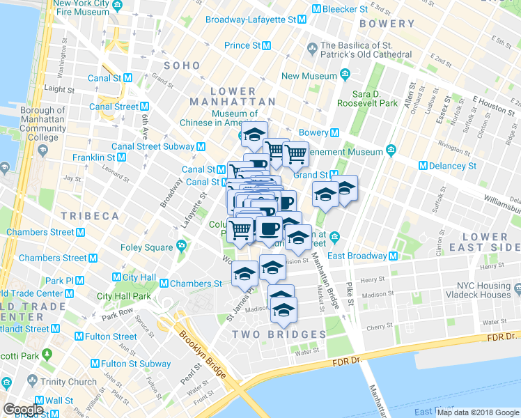 map of restaurants, bars, coffee shops, grocery stores, and more near 64 Mott Street in New York