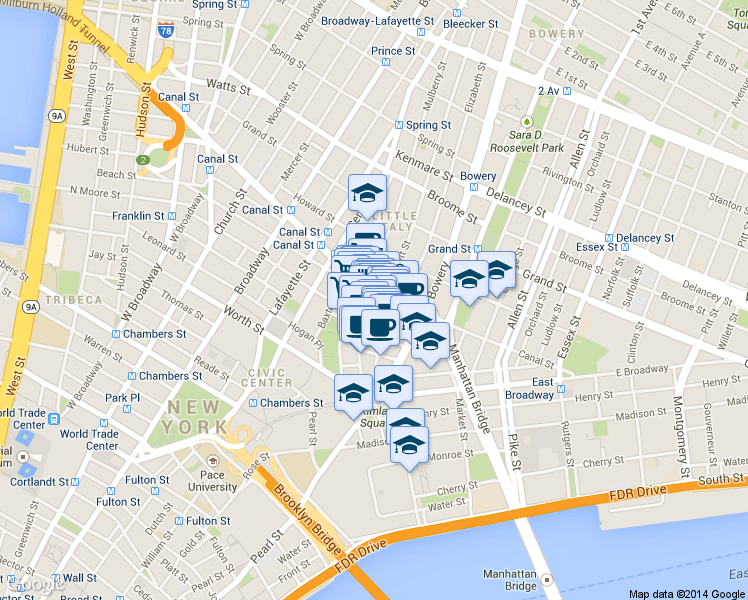 map of restaurants, bars, coffee shops, grocery stores, and more near 64 Mott Street in New York