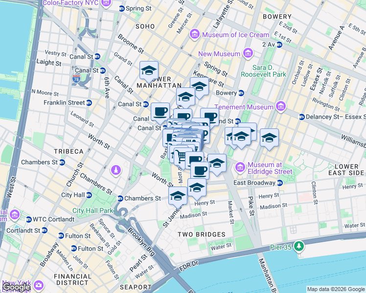 map of restaurants, bars, coffee shops, grocery stores, and more near 64 Mott Street in New York