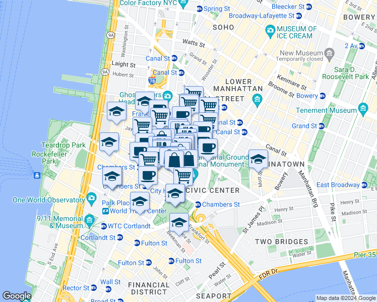map of restaurants, bars, coffee shops, grocery stores, and more near 12 Thomas Street in New York