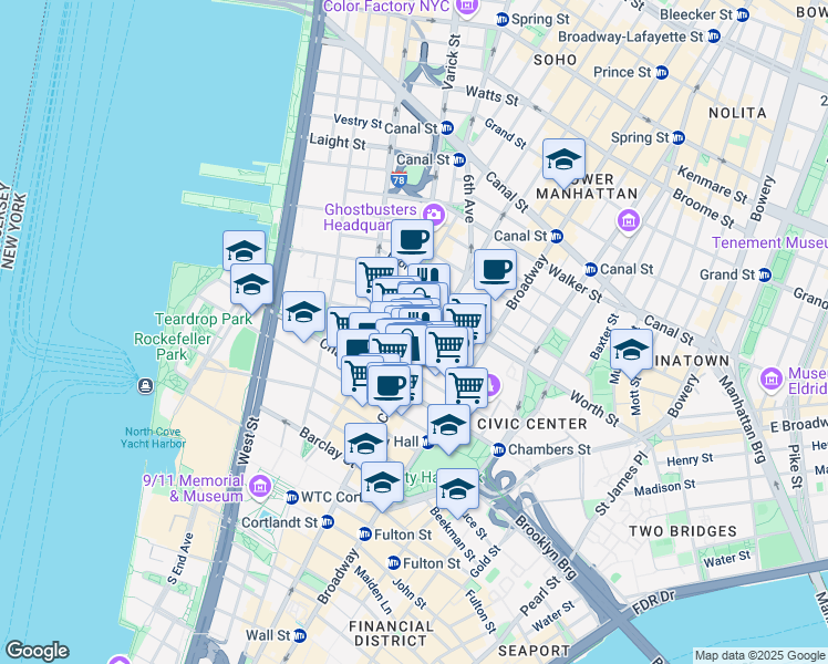 map of restaurants, bars, coffee shops, grocery stores, and more near 30 Thomas Street in New York