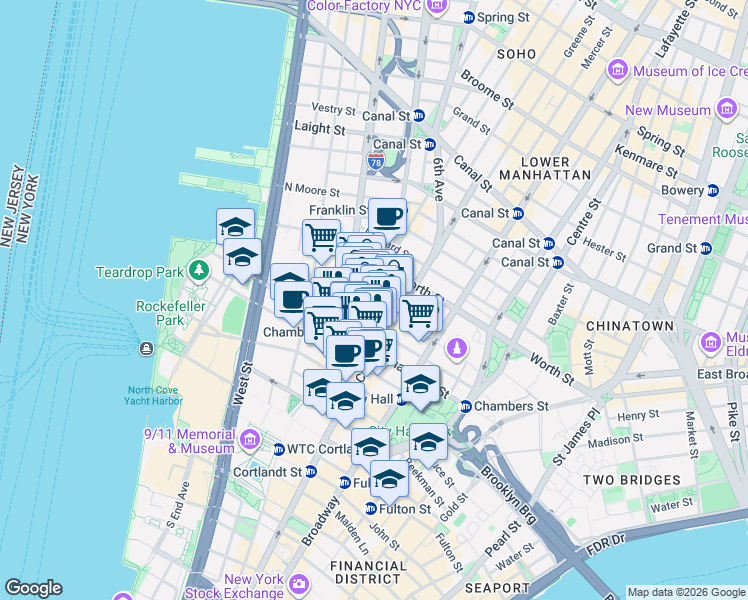 map of restaurants, bars, coffee shops, grocery stores, and more near 110 Reade Street in New York