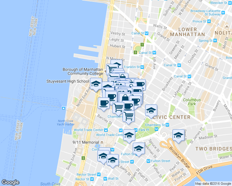 map of restaurants, bars, coffee shops, grocery stores, and more near 155 Chambers Street in New York