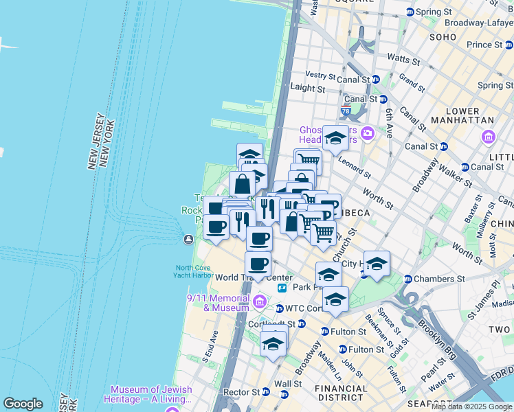 map of restaurants, bars, coffee shops, grocery stores, and more near 171 West Street in New York