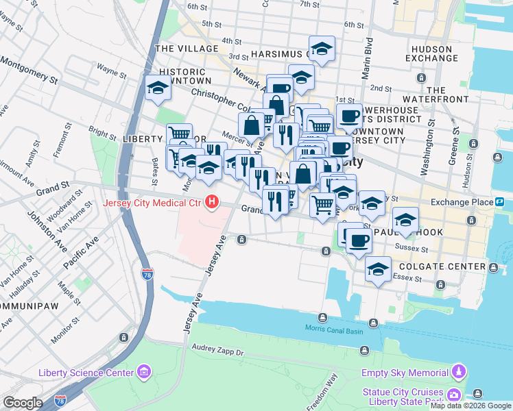 map of restaurants, bars, coffee shops, grocery stores, and more near 111 Liberty View Drive in Jersey City