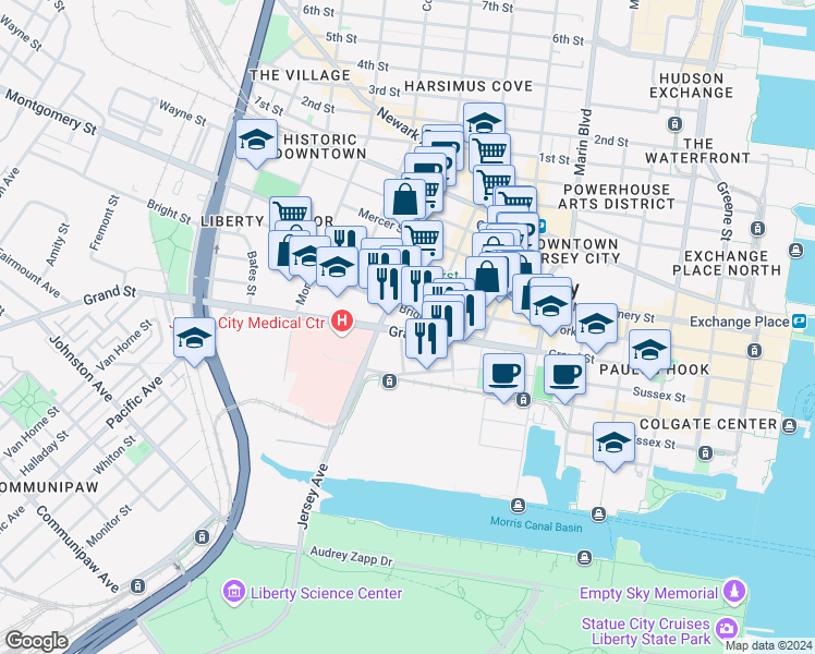map of restaurants, bars, coffee shops, grocery stores, and more near 111 Liberty View Drive in Jersey City