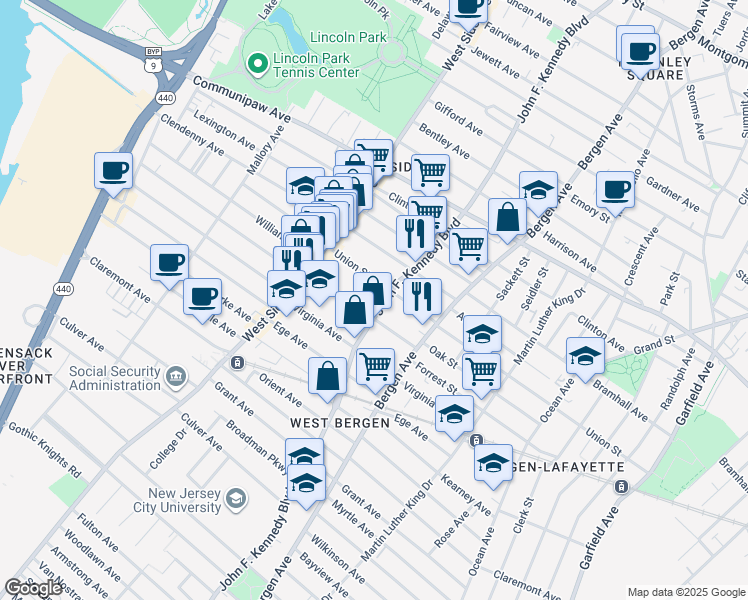 map of restaurants, bars, coffee shops, grocery stores, and more near 2255 John F. Kennedy Boulevard in Jersey City