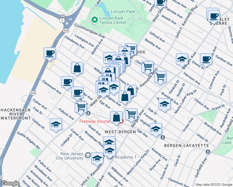 map of restaurants, bars, coffee shops, grocery stores, and more near 208 Virginia Avenue in Jersey City