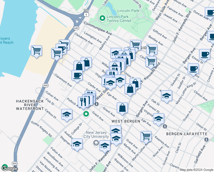 map of restaurants, bars, coffee shops, grocery stores, and more near 421 West Side Avenue in Jersey City