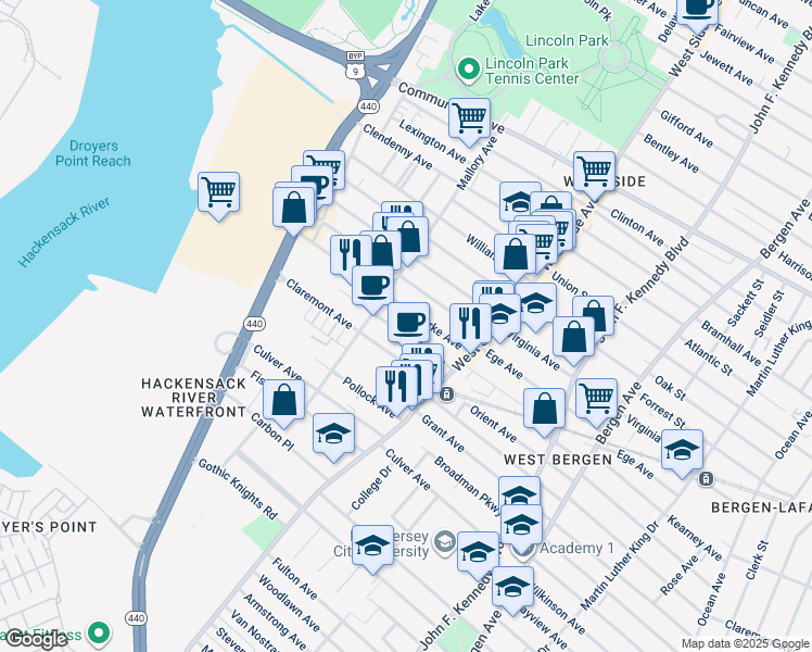 map of restaurants, bars, coffee shops, grocery stores, and more near 51 Yale Avenue in Jersey City