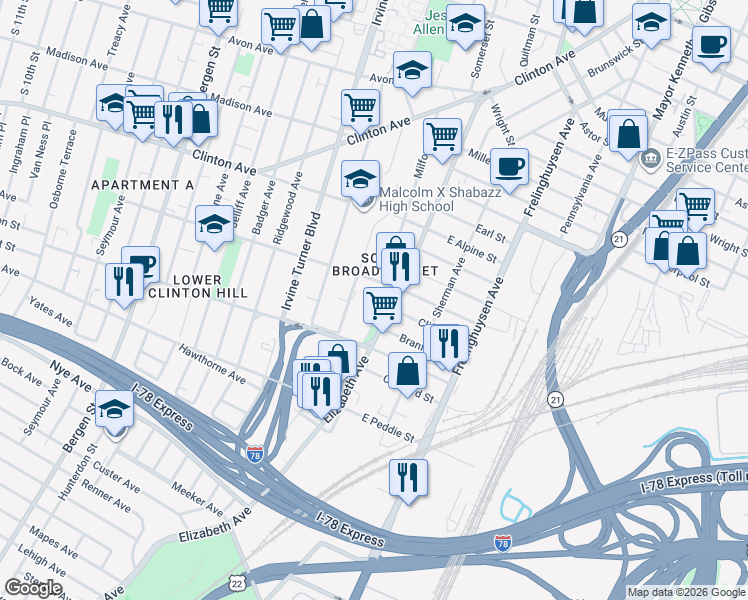 map of restaurants, bars, coffee shops, grocery stores, and more near 204 Elizabeth Avenue in Newark