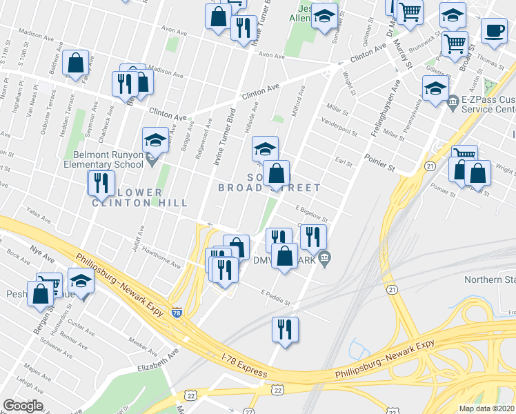 map of restaurants, bars, coffee shops, grocery stores, and more near 204 Elizabeth Avenue in Newark