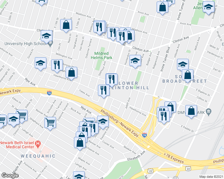 map of restaurants, bars, coffee shops, grocery stores, and more near in Newark