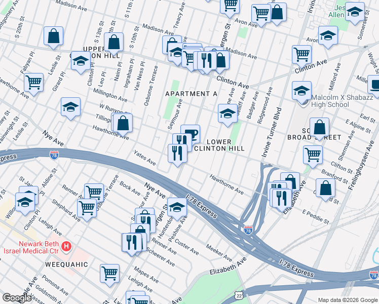 map of restaurants, bars, coffee shops, grocery stores, and more near in Newark