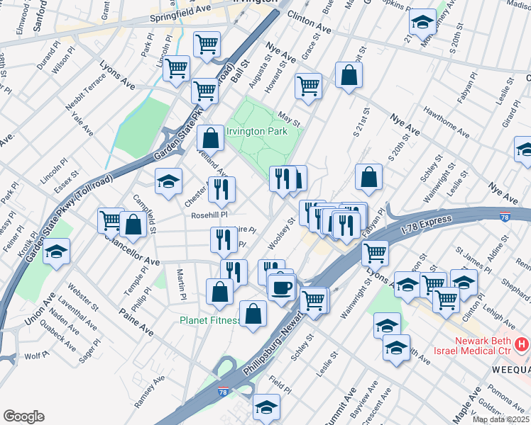 map of restaurants, bars, coffee shops, grocery stores, and more near 536 Lyons Avenue in Irvington