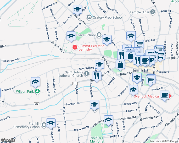 map of restaurants, bars, coffee shops, grocery stores, and more near 1803 Springfield Avenue in New Providence