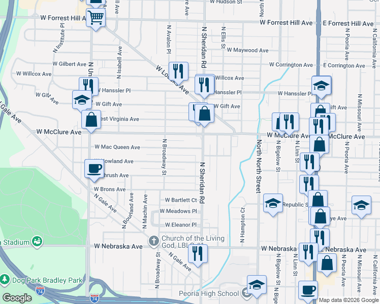 map of restaurants, bars, coffee shops, grocery stores, and more near 711 West Nowland Avenue in Peoria