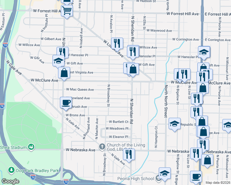 map of restaurants, bars, coffee shops, grocery stores, and more near 811 West Nowland Avenue in Peoria