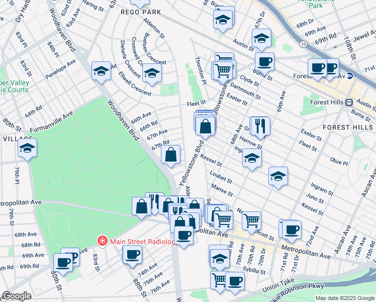 map of restaurants, bars, coffee shops, grocery stores, and more near 67-73 Alderton Street in Queens