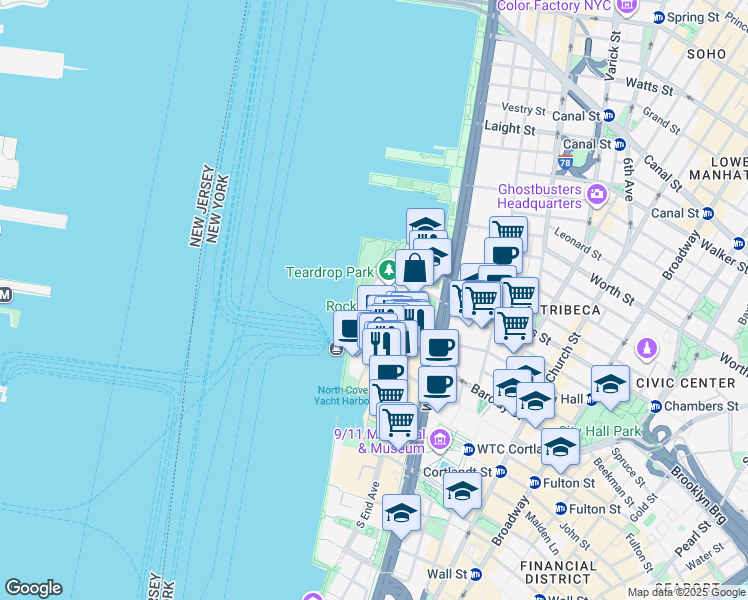 map of restaurants, bars, coffee shops, grocery stores, and more near 20 River Terrace in New York