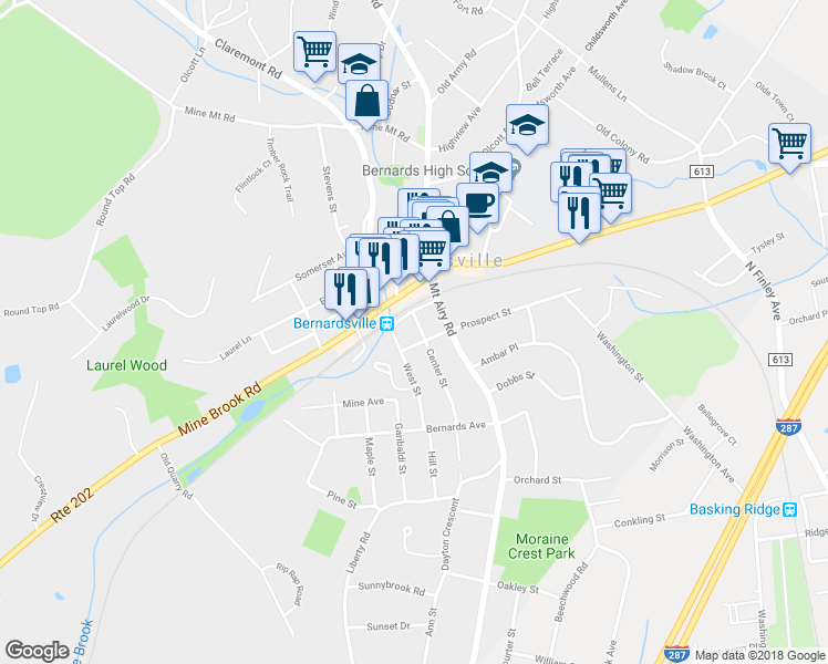 map of restaurants, bars, coffee shops, grocery stores, and more near 7 Center Street in Bernardsville