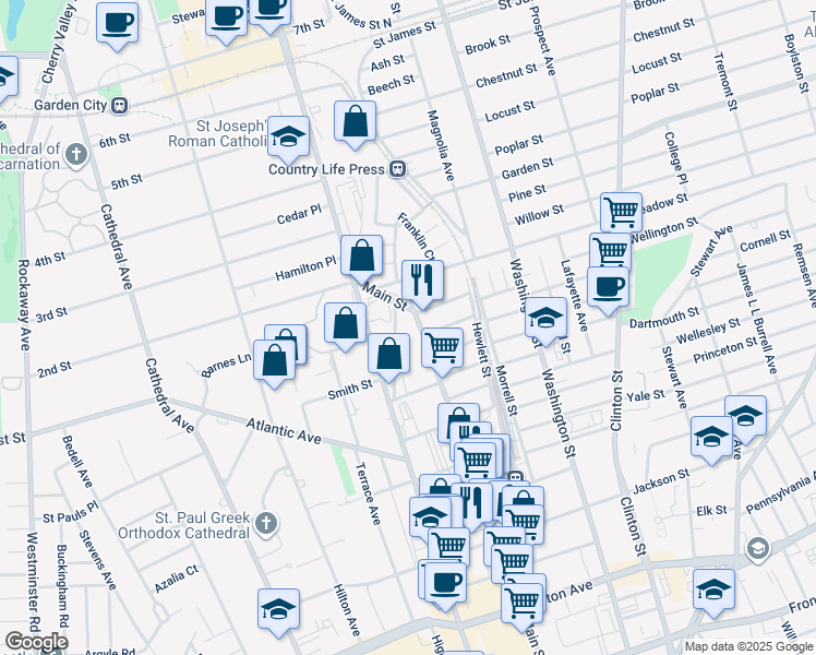 map of restaurants, bars, coffee shops, grocery stores, and more near 93 Old Franklin Street in Hempstead