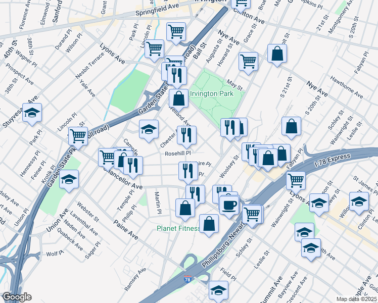 map of restaurants, bars, coffee shops, grocery stores, and more near 11 Norwood Avenue in Irvington