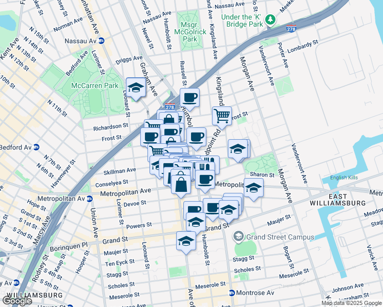 map of restaurants, bars, coffee shops, grocery stores, and more near 417 Humboldt Street in Brooklyn