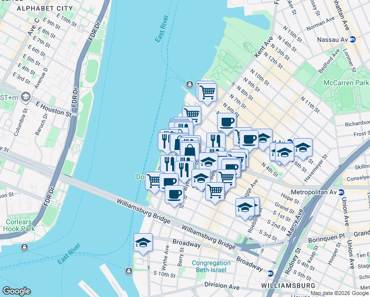 map of restaurants, bars, coffee shops, grocery stores, and more near 59 Grand Street in Brooklyn