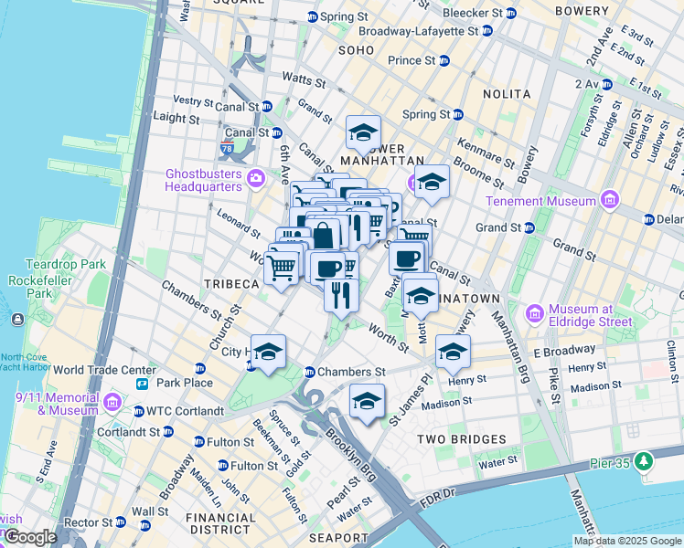 map of restaurants, bars, coffee shops, grocery stores, and more near 60 Lafayette Street in New York