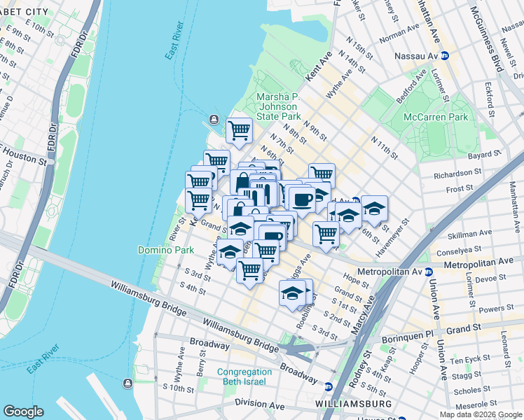map of restaurants, bars, coffee shops, grocery stores, and more near 149 Metropolitan Avenue in Brooklyn