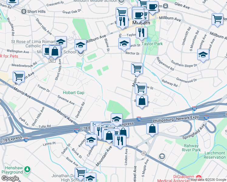 map of restaurants, bars, coffee shops, grocery stores, and more near 56 Mechanic Street in Essex County