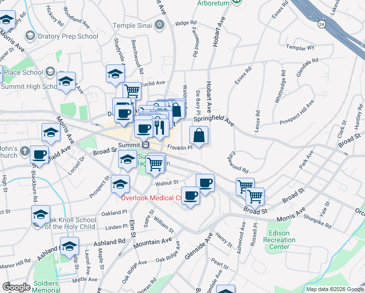 map of restaurants, bars, coffee shops, grocery stores, and more near 72 Franklin Place in Summit