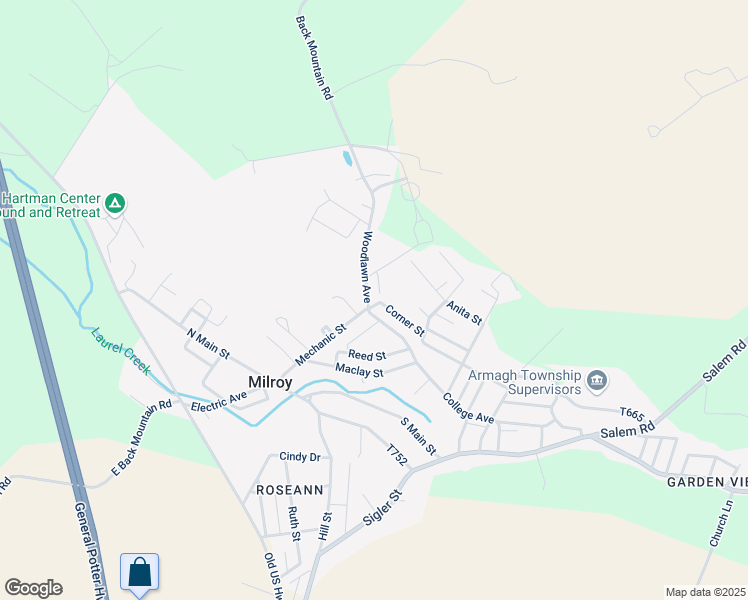map of restaurants, bars, coffee shops, grocery stores, and more near 2 Woodlawn Avenue in Milroy