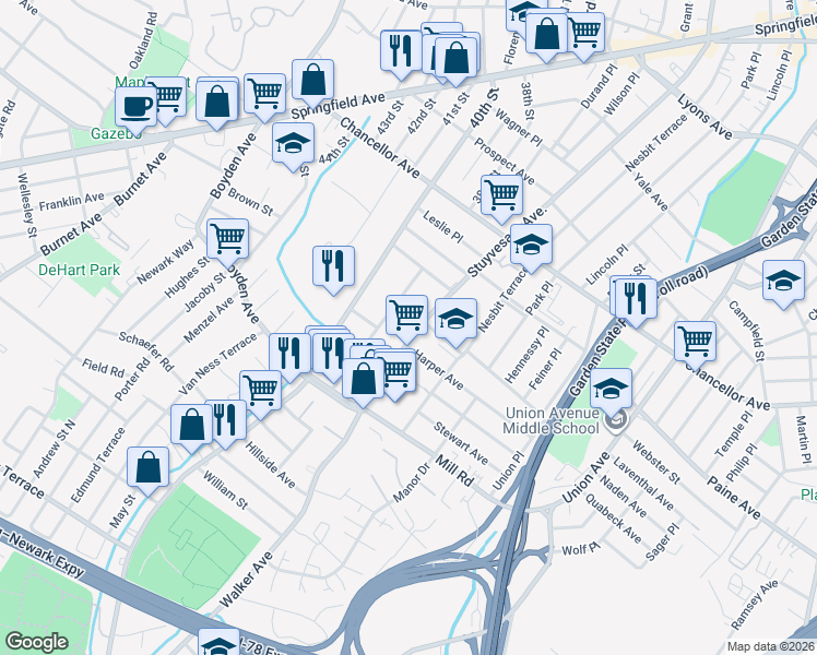 map of restaurants, bars, coffee shops, grocery stores, and more near 977 Stuyvesant Avenue in Irvington