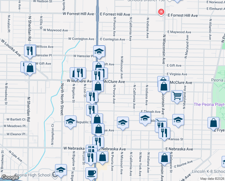 map of restaurants, bars, coffee shops, grocery stores, and more near 2407 North Peoria Avenue in Peoria
