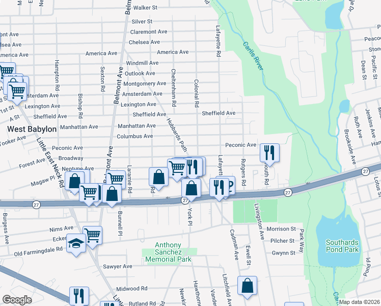 map of restaurants, bars, coffee shops, grocery stores, and more near 54 Hubbards Path in West Babylon