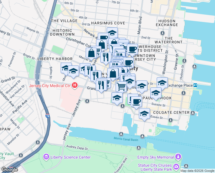 map of restaurants, bars, coffee shops, grocery stores, and more near 120 Tidewater Street in Jersey City
