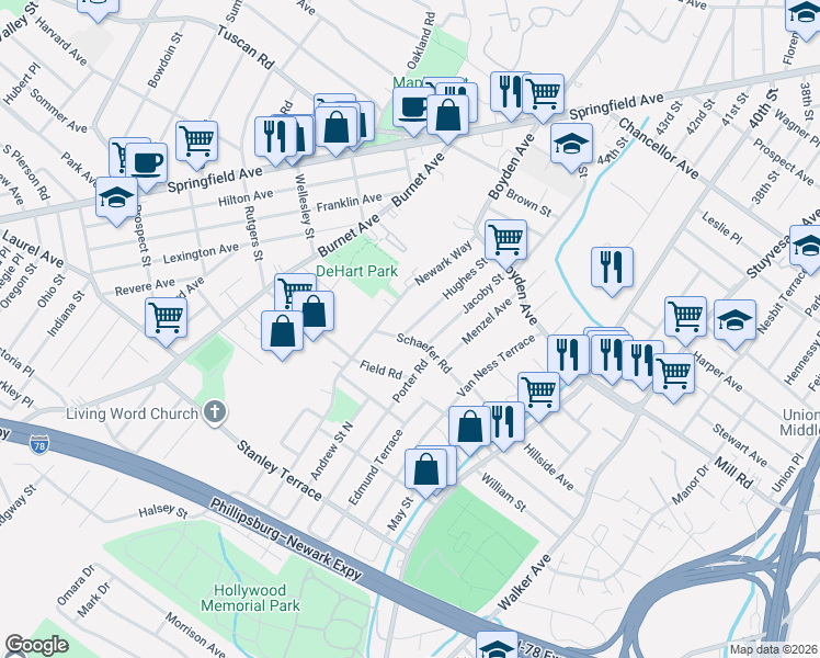 map of restaurants, bars, coffee shops, grocery stores, and more near 35 Schaefer Road in Maplewood