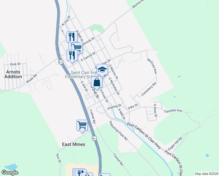 map of restaurants, bars, coffee shops, grocery stores, and more near 105 East Russel Street in Saint Clair