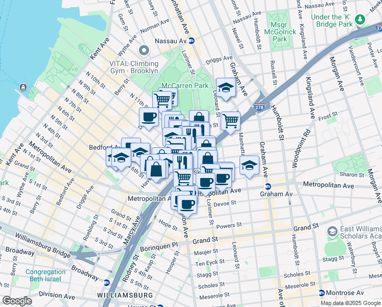 map of restaurants, bars, coffee shops, grocery stores, and more near 235 Meeker Avenue in Brooklyn